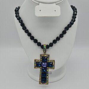 Heidi Daus Vintage Gold Crystal & Beaded Cross Statement Necklace - EUC